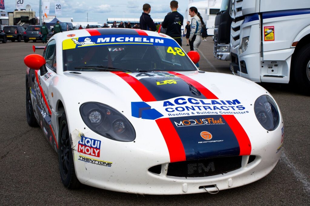 Close-up of a sleek race car at Silverstone, capturing the excitement of motorsport.