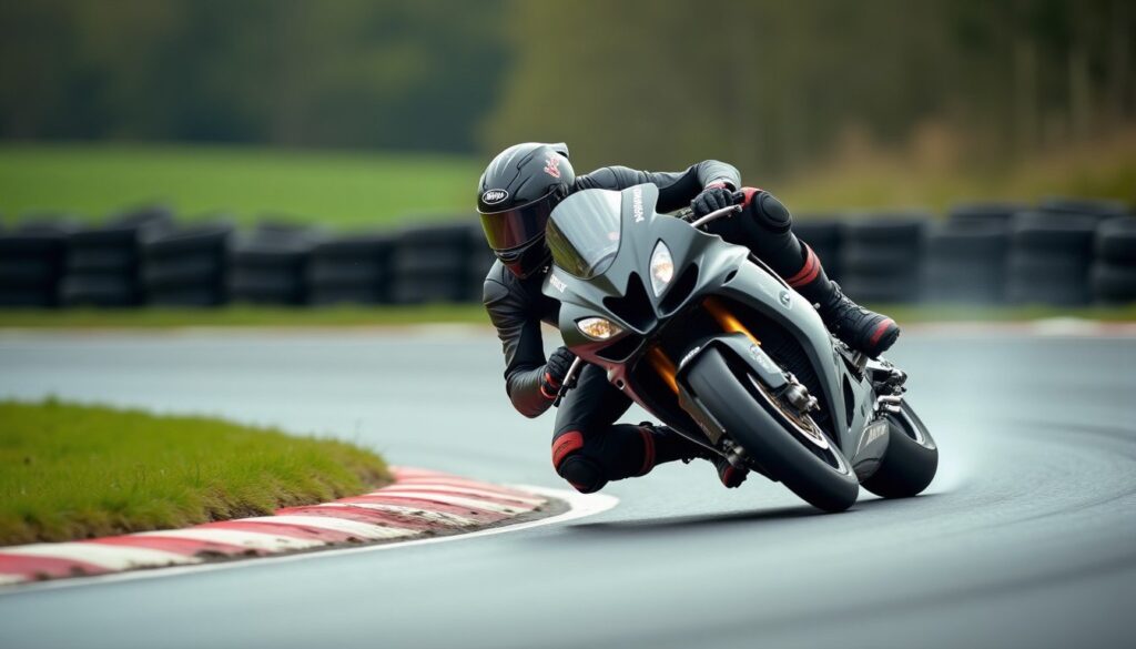 Sportbike rider in full leathers and helmet leaning hard into a corner on a UK racing circuit, knee skimming the tarmac,