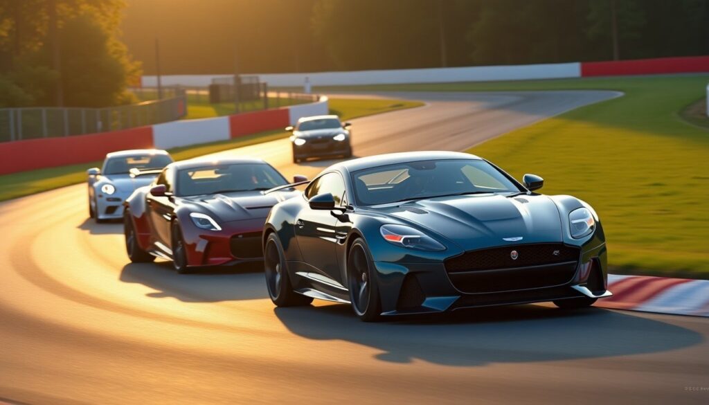 A line of performance cars rounding the Craner Curves at Donington Park, a sleek track-prepped hatchback and a low-slung